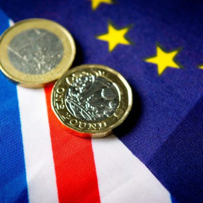 Pound coins on UK & EU flag